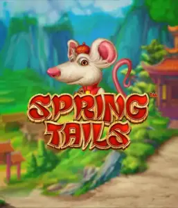 A charming illustration of a white rat dressed in traditional Chinese attire positioned in front of a scenic mountain backdrop. The image promotes the Spring Tails Slot by Betsoft, showcased with prominent gold and red logo text.